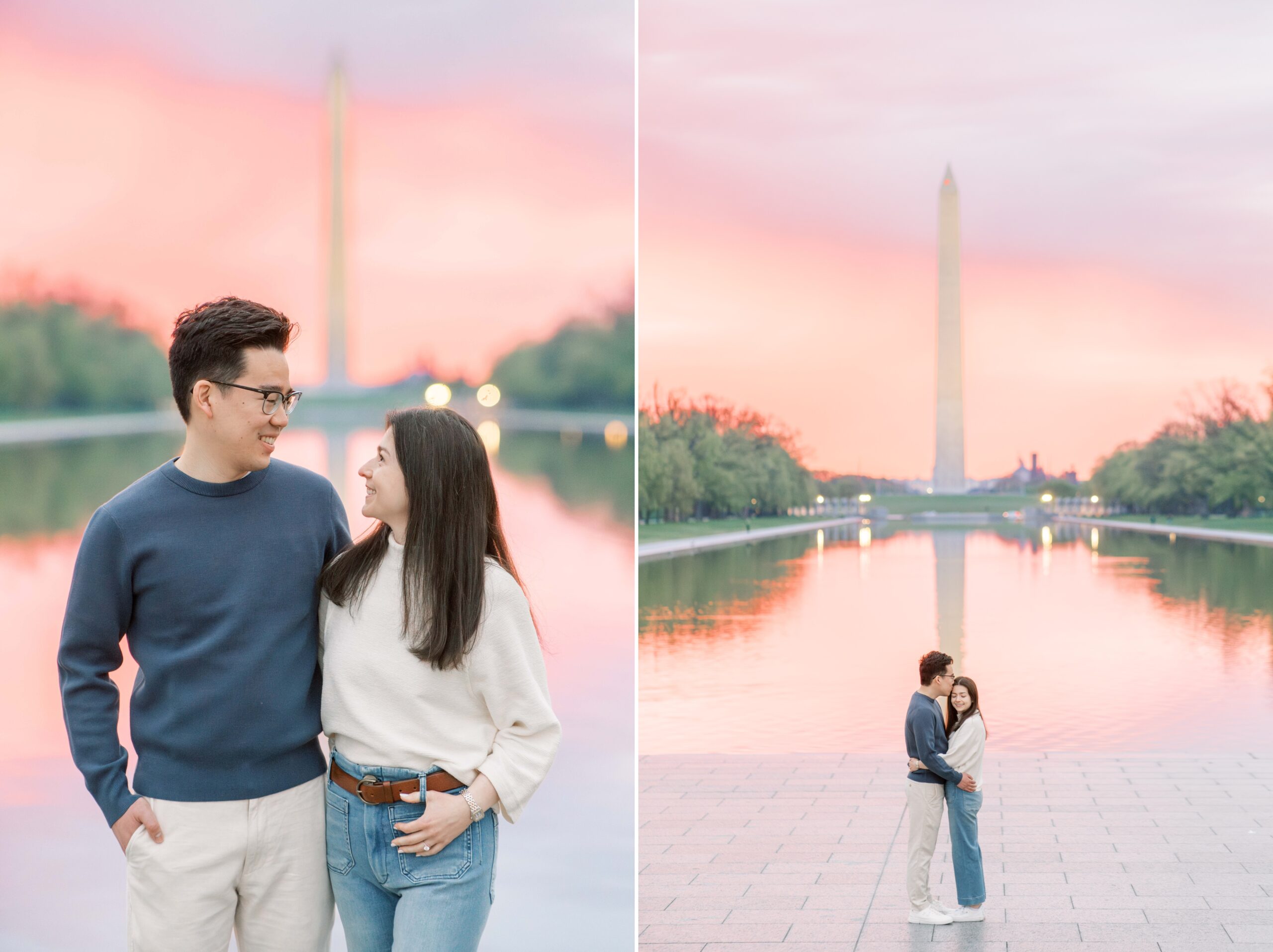 A sunrise engagement session at the National Mall in Washington, DC, featuring portraits at the Jefferson Memorial and Reflecting Pool.