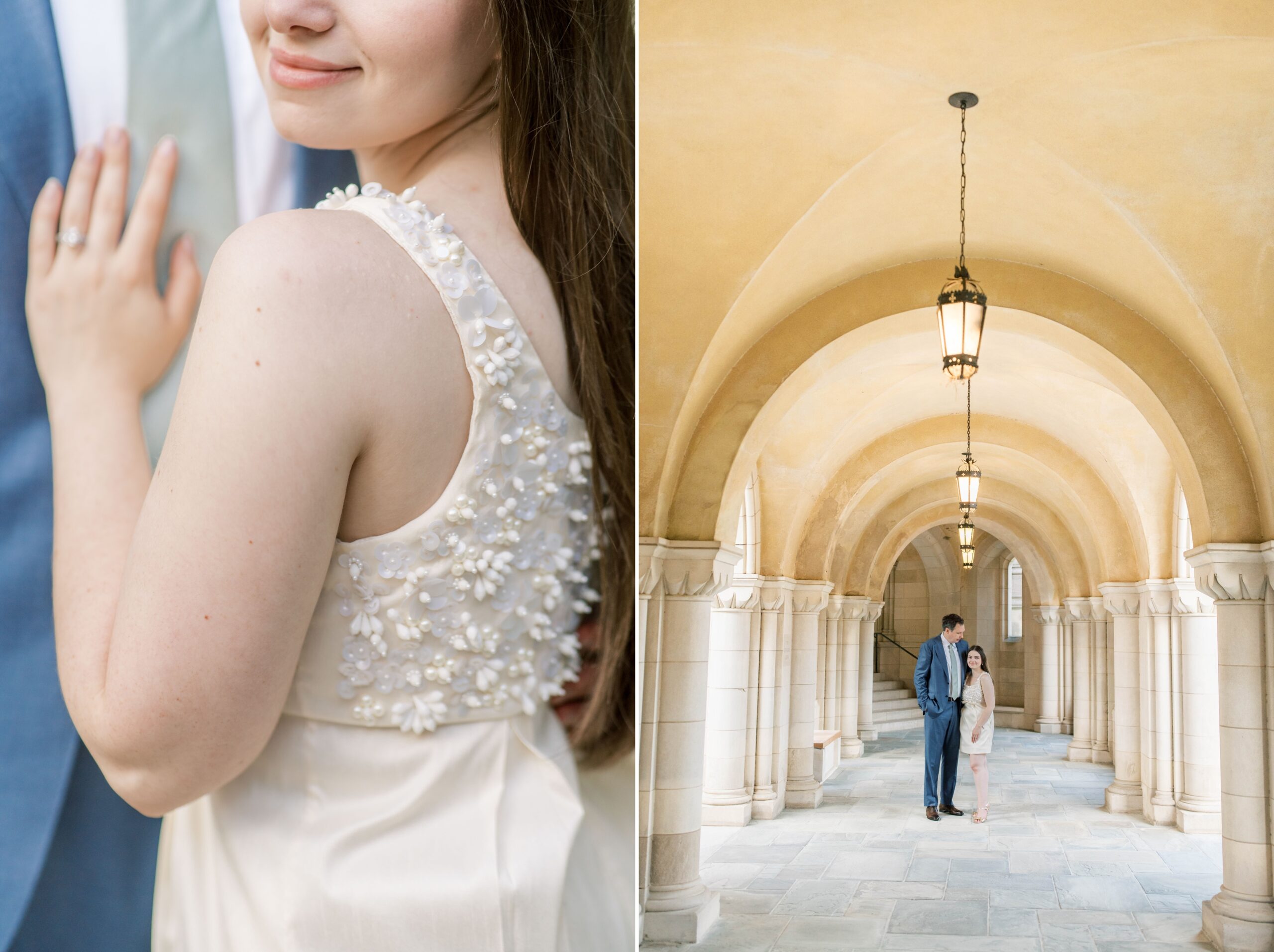 A set of engagement photos captured at sunrise in the gardens of the Washington National Cathedral in DC.