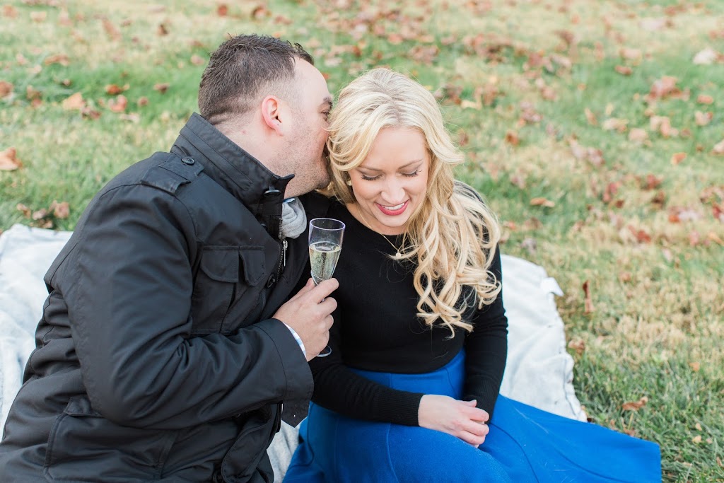 A chic engagement session in Ellicott City, Maryland that features champagne and chocolate truffles; photographed by Washington, DC wedding photographer, Alicia Lacey.