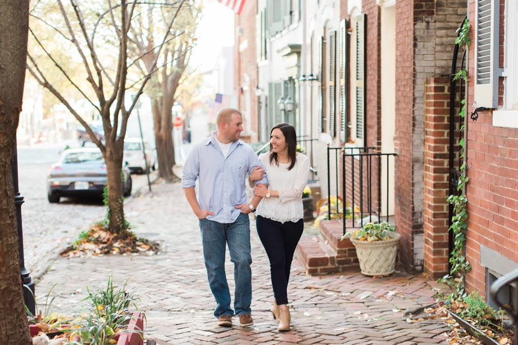 An urban engagement in Old Town Alexandria, outside Washington, DC is photographed in the peak of fall.
