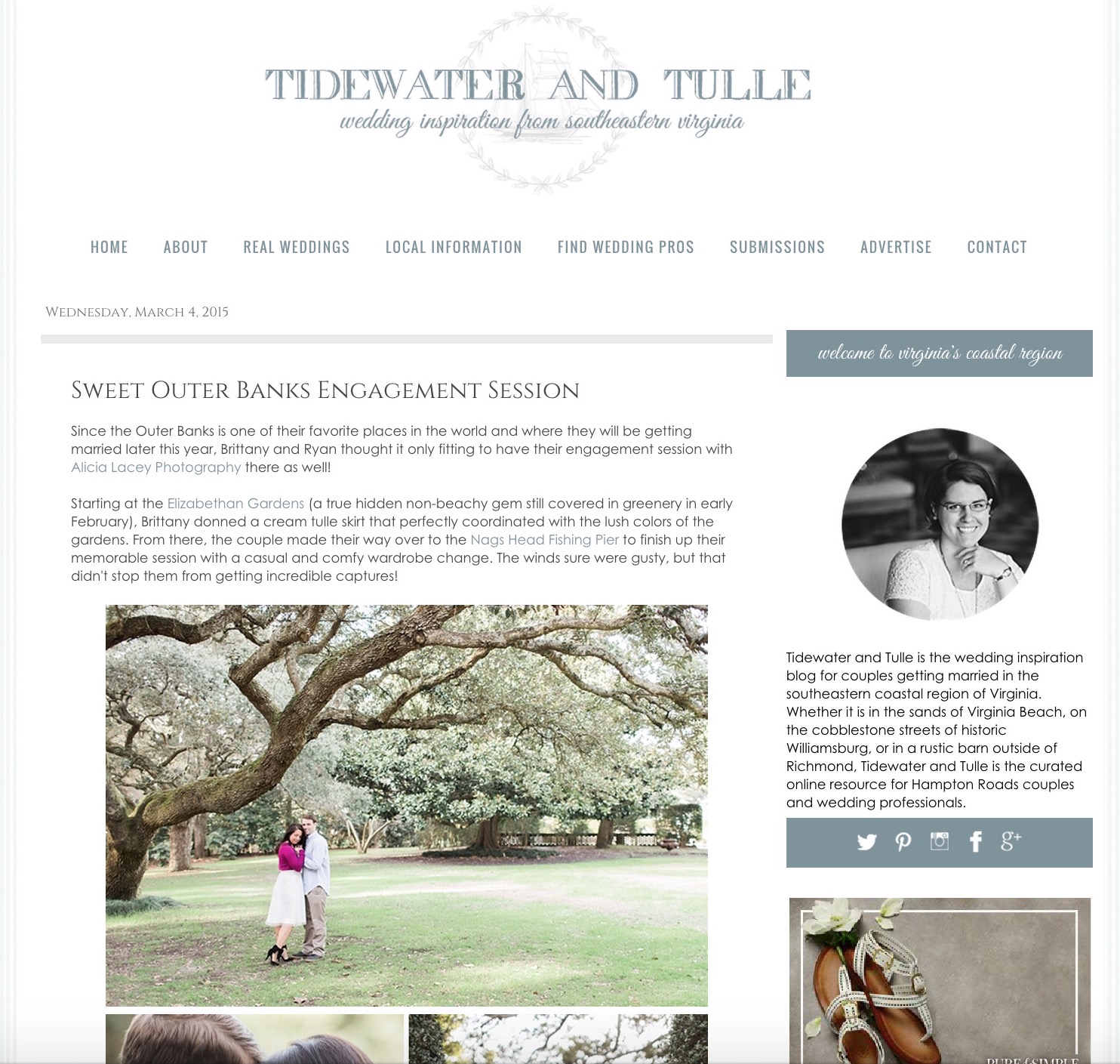 A stunning North Carolina beach engagement is featured on VA wedding blog, Tidewater & Tulle. 