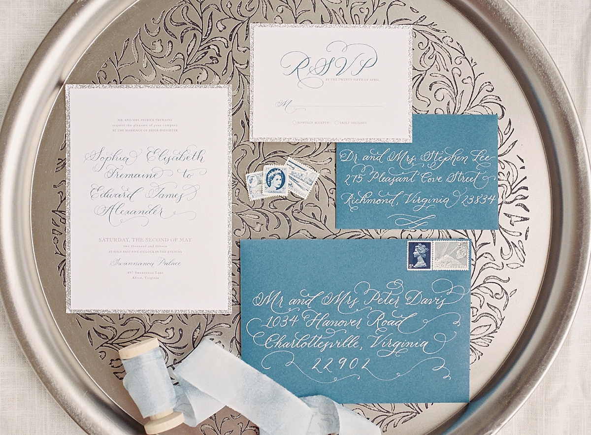 A regal, timeless wedding inspired shoot at Swannanoa Palace outside of Charlottesville, VA featuring a palette of soft blues and creams.
