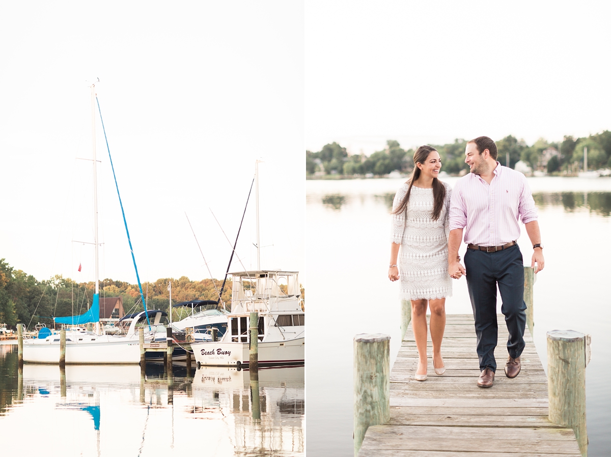 A beautiful summer engagement session in Baltimore, Maryland overlooking the docks during a quiet sunrise.