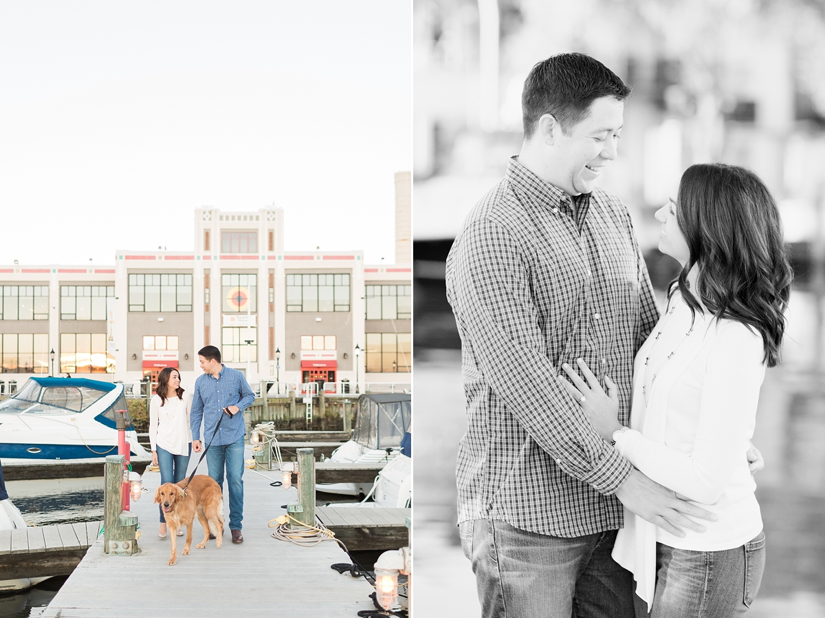 A romantic sunrise engagement session in Old Town Alexandria, VA near the waterfront and in the old cobblestone streets.