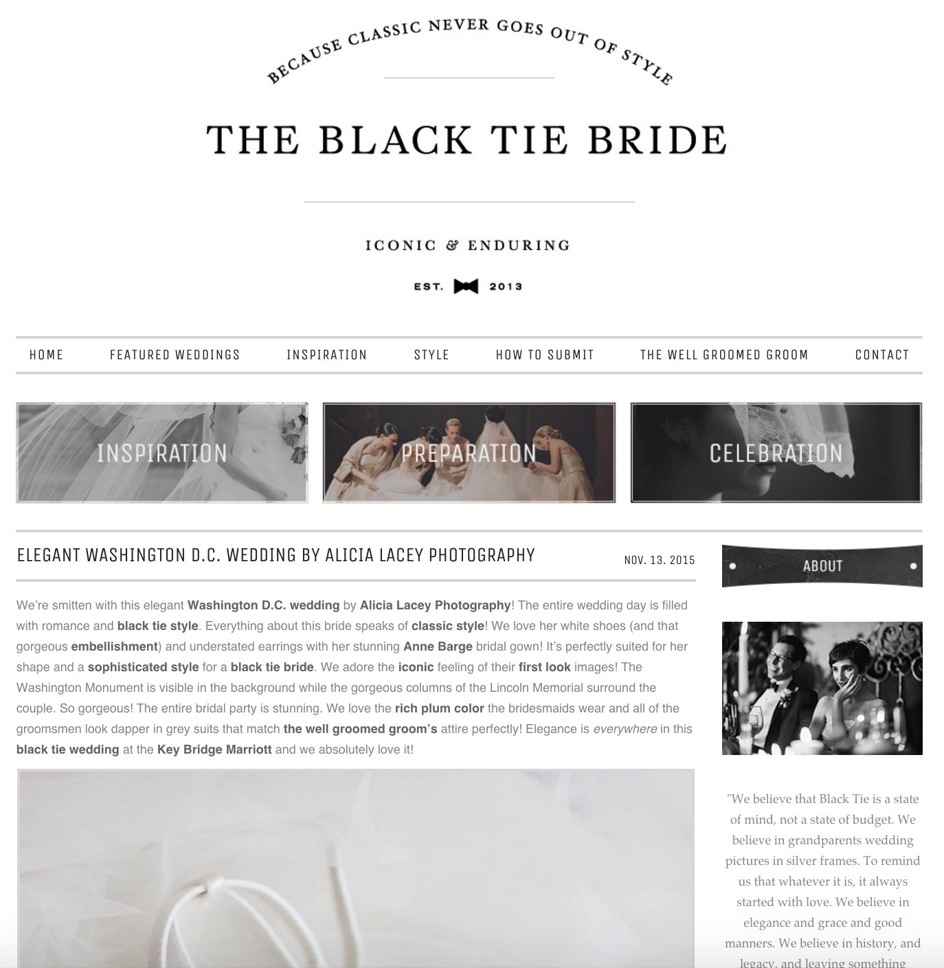 A black tie wedding in Washington, DC at the Lincoln Memorial and National Portrait Gallery is featured on the timeless blog The Black Tie Bride. 