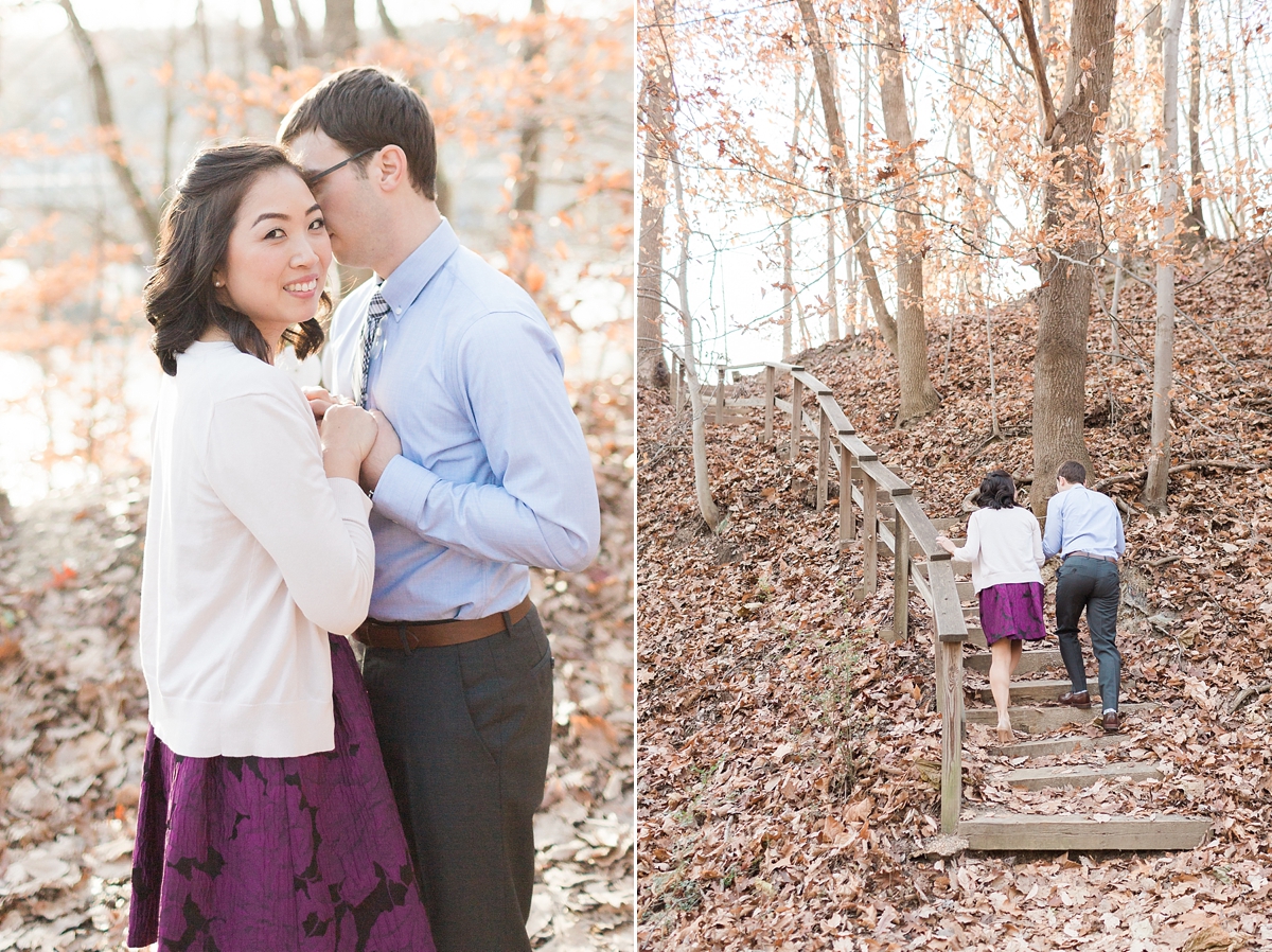 A romantic fall engagement photography session in Occoquan Regional Park, VA with a sunset over the gorgeous waterfront. 