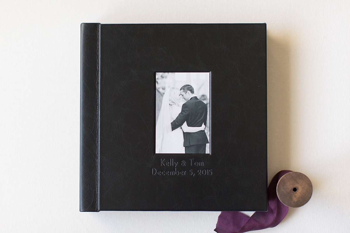 A gorgeous wedding album in a timeless black leather with stunning lay flat spreads designed by Washington, DC wedding photographer, Alicia Lacey. 