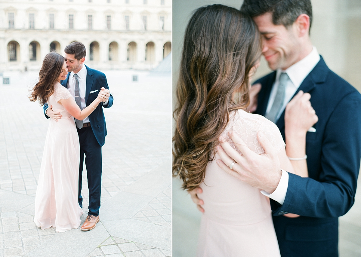 The fifth-anniversary session of Alicia and Rob, photographed by Abby Grace Photography in Paris, France outside the Musee de Louvre and Palais-Royal.