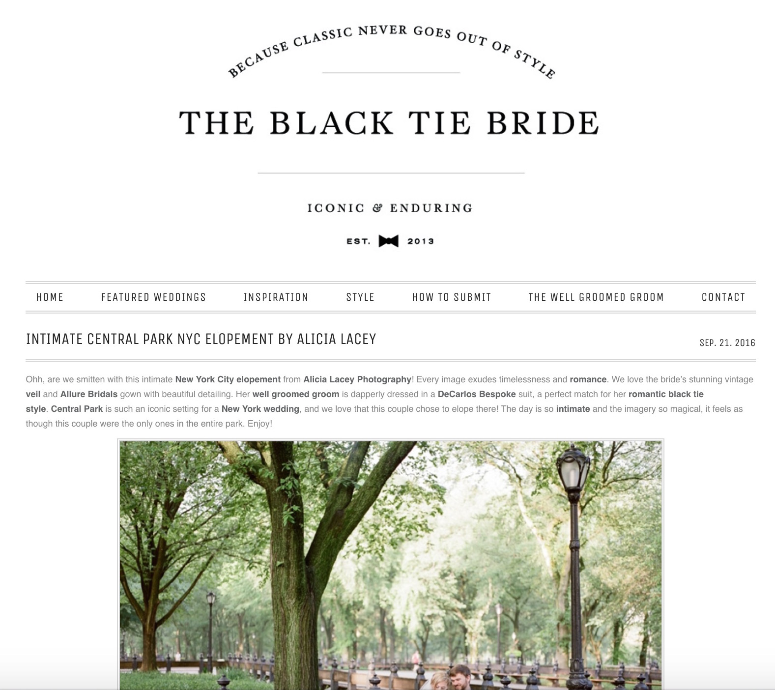 A classic NYC Central Park Elopement is featured on the equally timeless wedding blog, the Black Tie Bride.