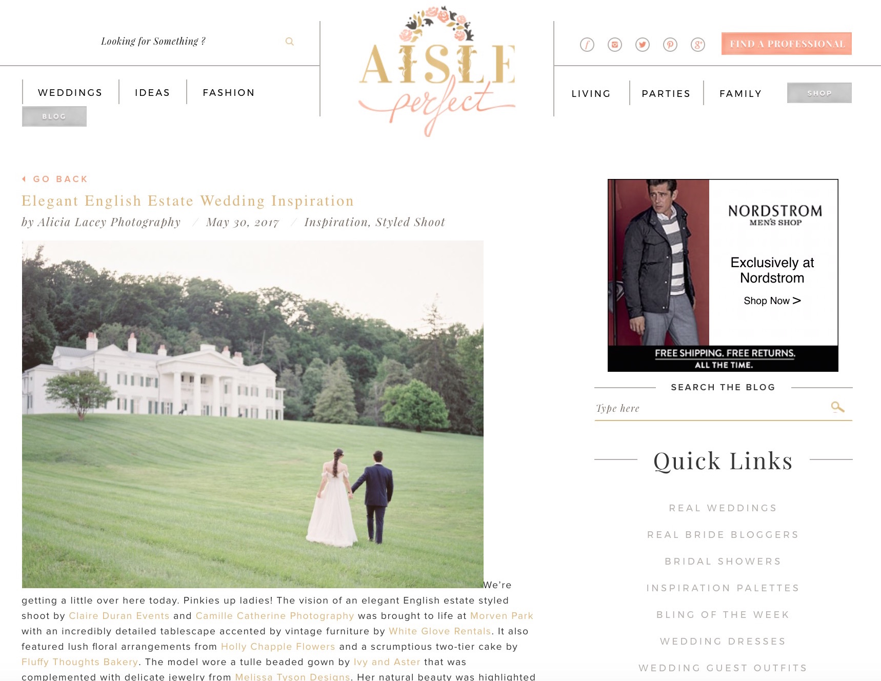 A stunning spring wedding at Morven Park in Leesburg, VA is featured on the popular wedding blog, Aisle Perfect. 