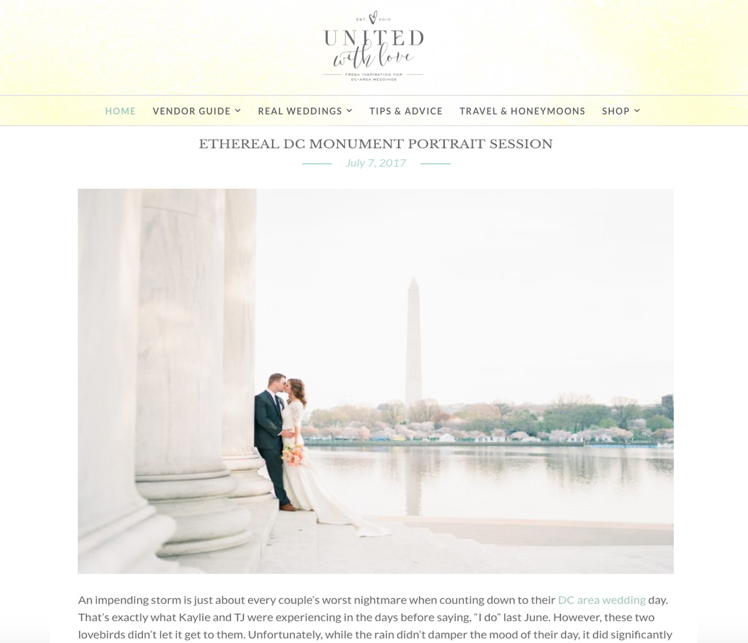 This sunrise anniversary session in Washington, DC at the iconic Jefferson Memorial during Cherry Blossom season is featured on United With Love.