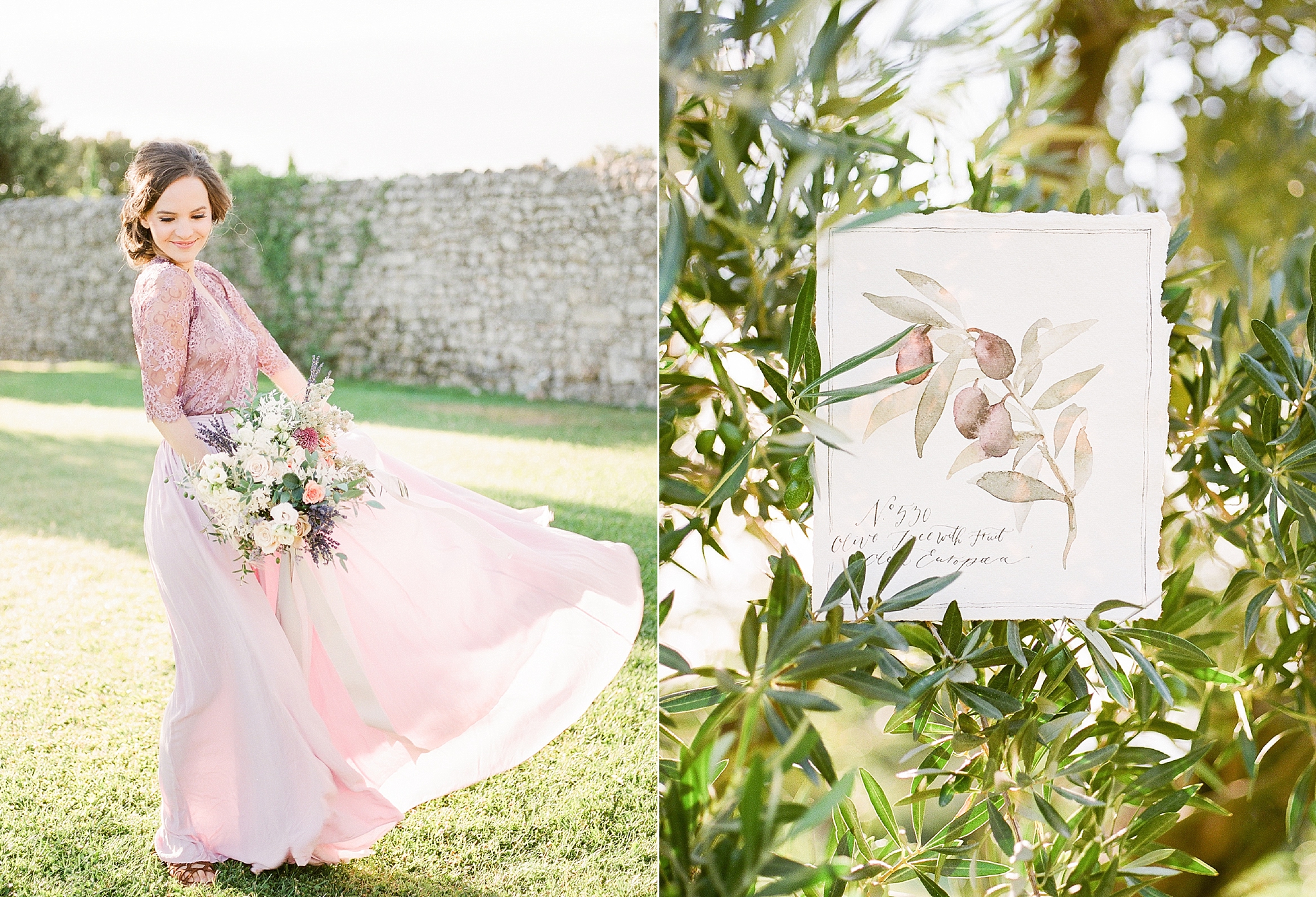 These fine art film bridal portraits were photographed in the Provence region of Southern France at Domaine de Sarson and feature an Emily Riggs wedding gown.