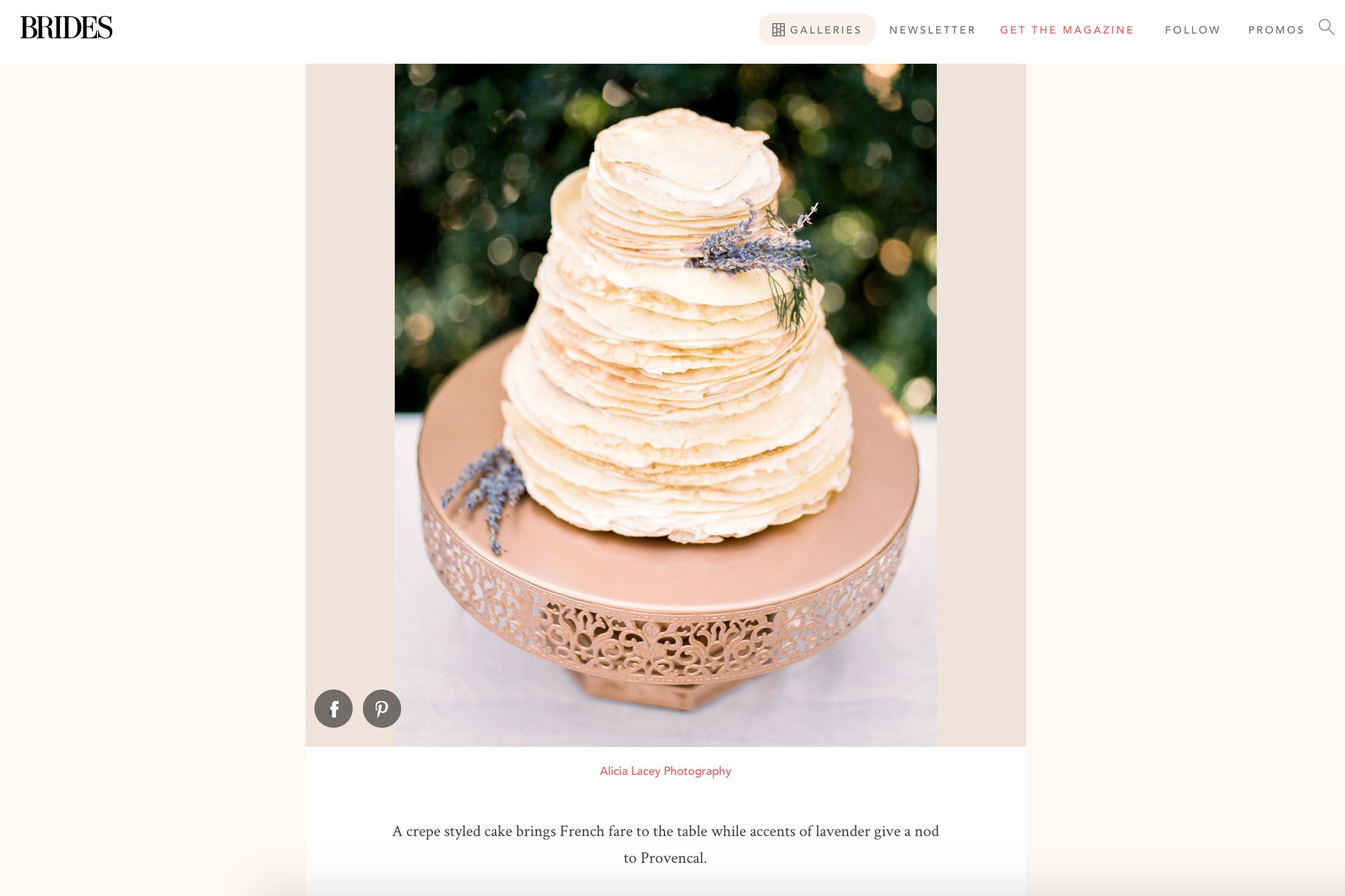 Brides Magazine featured 25 images of French wedding inspiration, including one of a crepe cake by this Washington, DC-based wedding photographer.