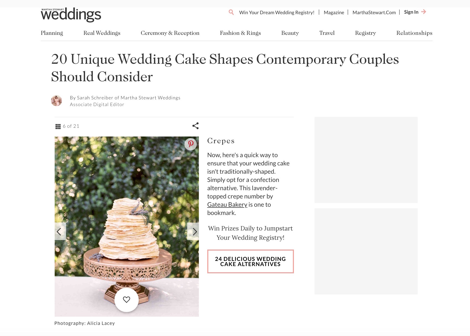 This stunning crepe cake from a French-inspired wedding at Oatlands House & Gardens in Leesburg, VA is featured on Martha Stewart Weddings.