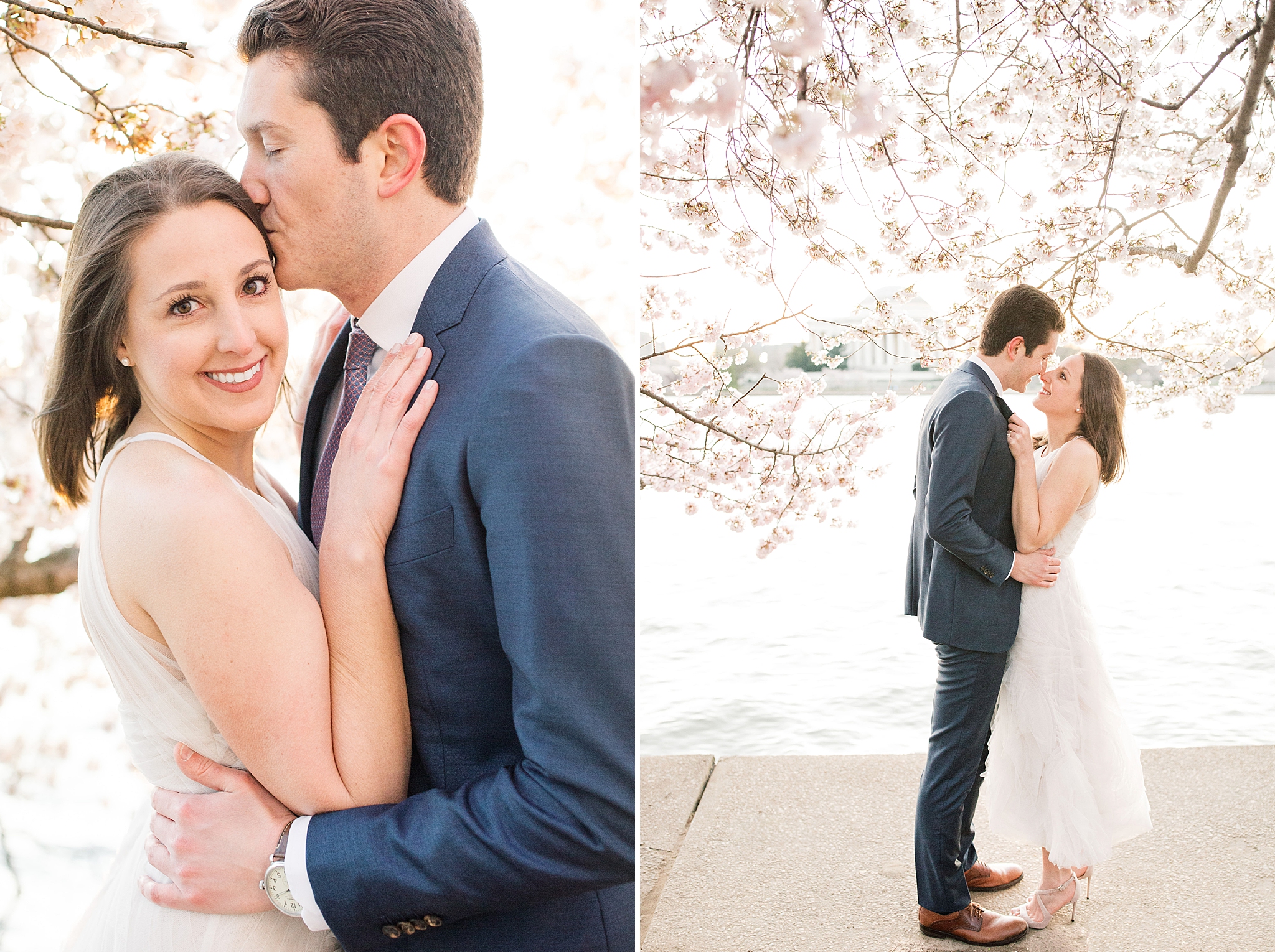 A stylish cherry blossom engagement session at the Tidal Basin in Washington, DC during peak bloom.