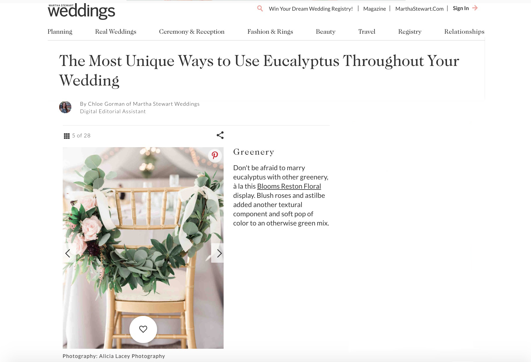 Martha Stewart Weddings featured 25 ways to use eucalyptus at your wedding, including one by Alicia Lacey at Rust Manor House in Leesburg, VA.