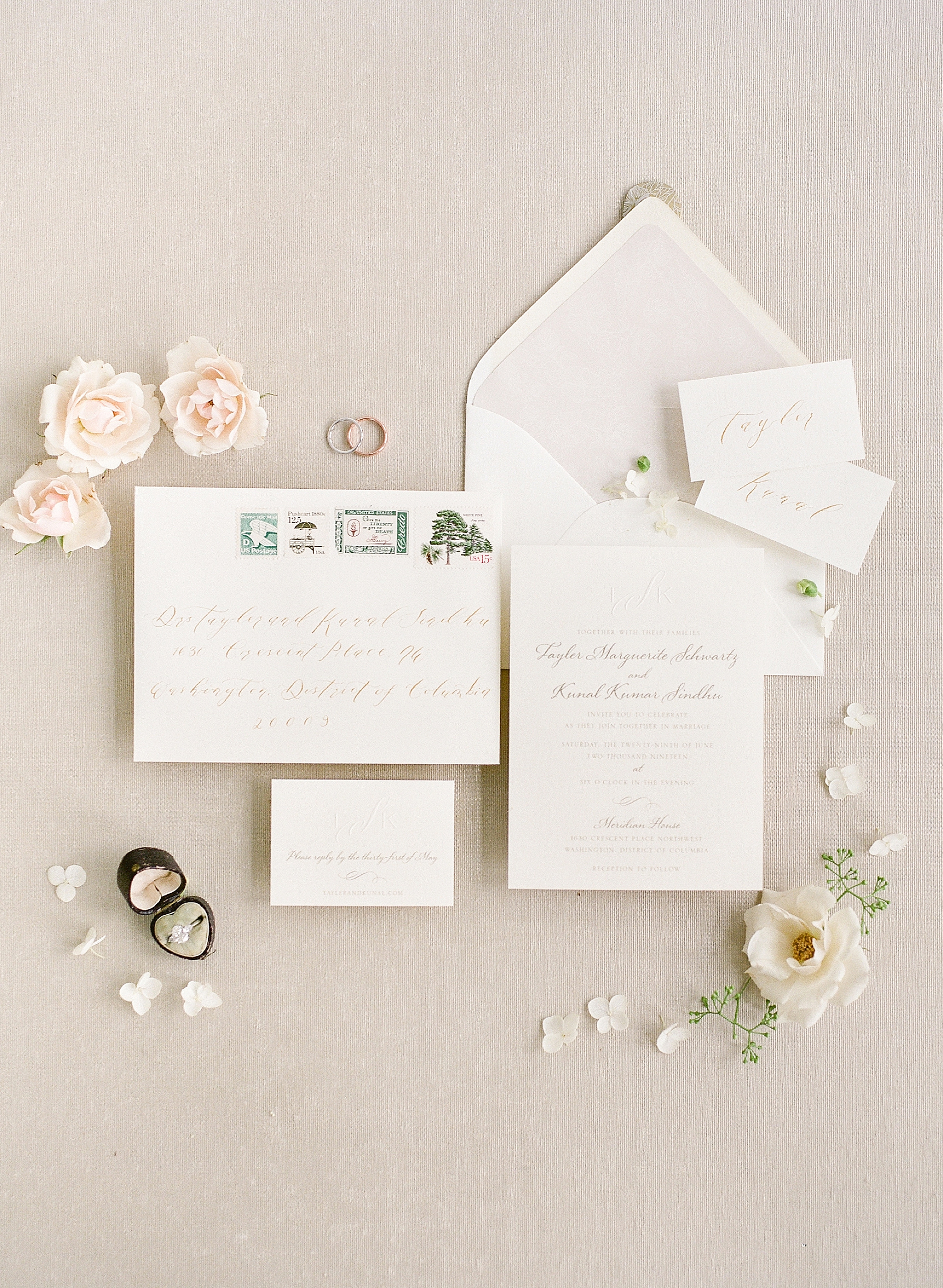 Neutral invitation suite for a black tie wedding at the Meridian House in Washington, DC.