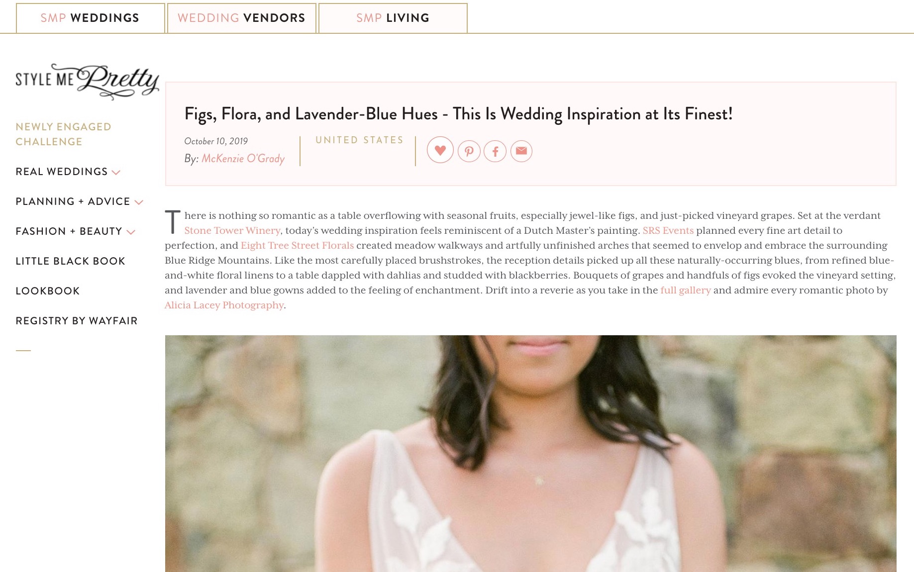 An intimate blue and cream wedding at Stone Tower Winery in Leesburg, VA is featured on Style Me Pretty.