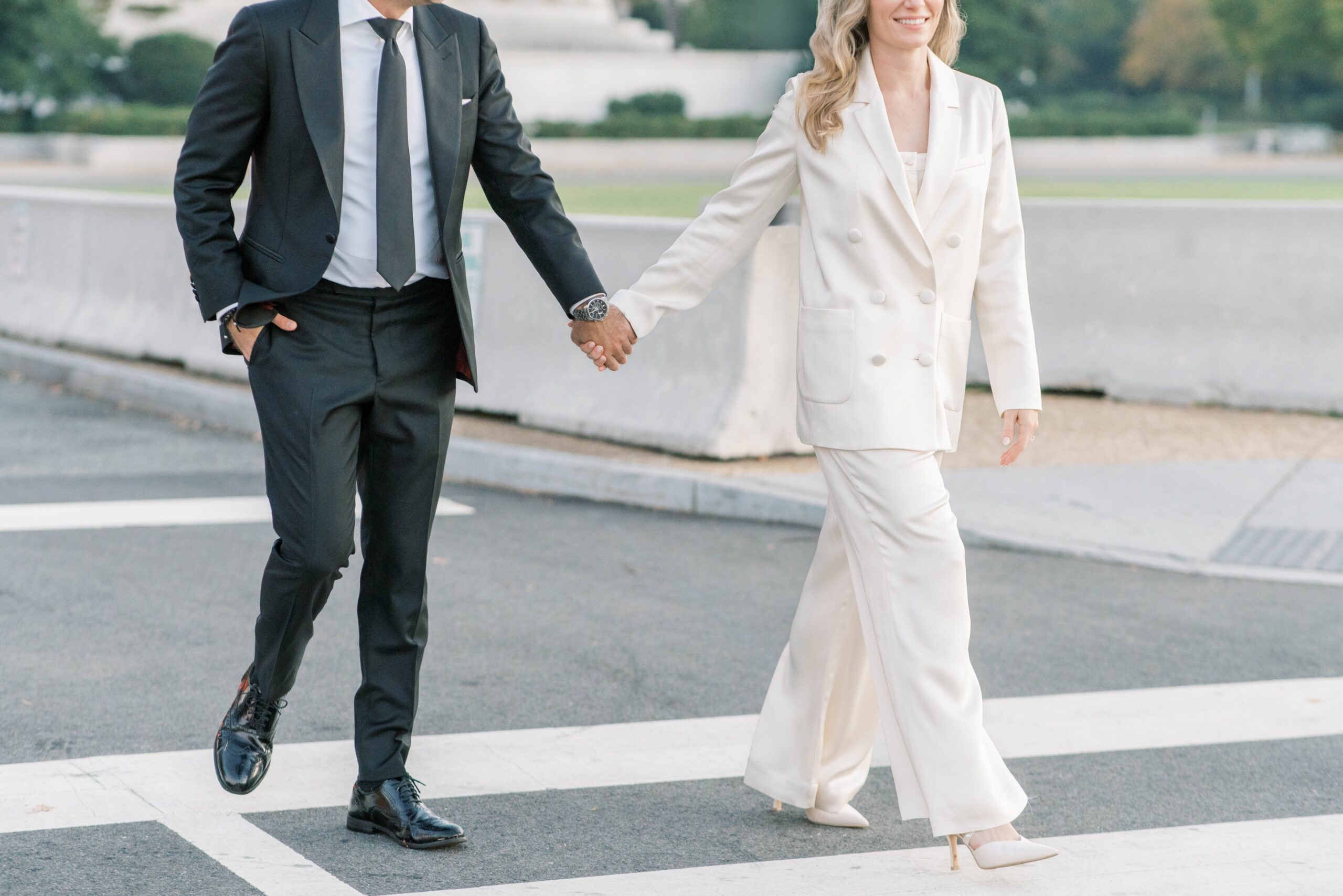 Stylish engagement photos captured at sunrise in Washington, DC at the Jefferson Memorial.